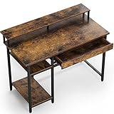 Rolanstar Computer Desk with Monitor Shelf and Drawer, 47' Home Office Writing Desk, Study Table Workstation, Stable Metal Frame, Rustic Brown