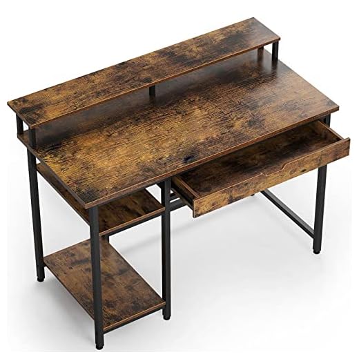 Rolanstar Computer Desk with Monitor Shelf and Drawer, 47" Home Office Writing Desk, Study Table Workstation, Stable Metal Frame, Rustic Brown
