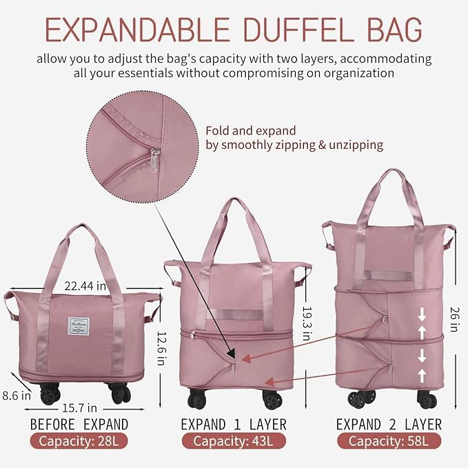 Image of TEKCOOL Duffel Trolley Bags for Travel,Luggage Bags for Travel,Rolling Duffle Bag with Wheels,Travel Bags for Luggage Trolley,Expandable Foldable Duffle Bag with Wheels - Pink'