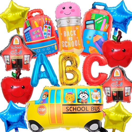 Back to School Balloons,Colorful Pencil Schoolbag Fruit Star Bus Foil Balloon,Welcome Back to School, First Day of School Decorations for Kindergarten Classroom (ABC)
