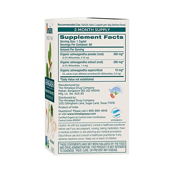 Himalaya Organic Ashwagandha, 60 Day Supply, Herbal Supplement for Stress Relief, Energy Support, Occasional Sleeplessness, USDA Certified Organic, Non-GMO, Vegan, Gluten Free, 670 mg, 60 Caplets
