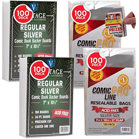Comic Pro Line Silver Age Comic Book Bags and Boards Bundle - 2 Packs of 100 Resealable Silver Comic Book Bags and 2 Packs of 100 Regular/Silver Comic Book Boards Cover