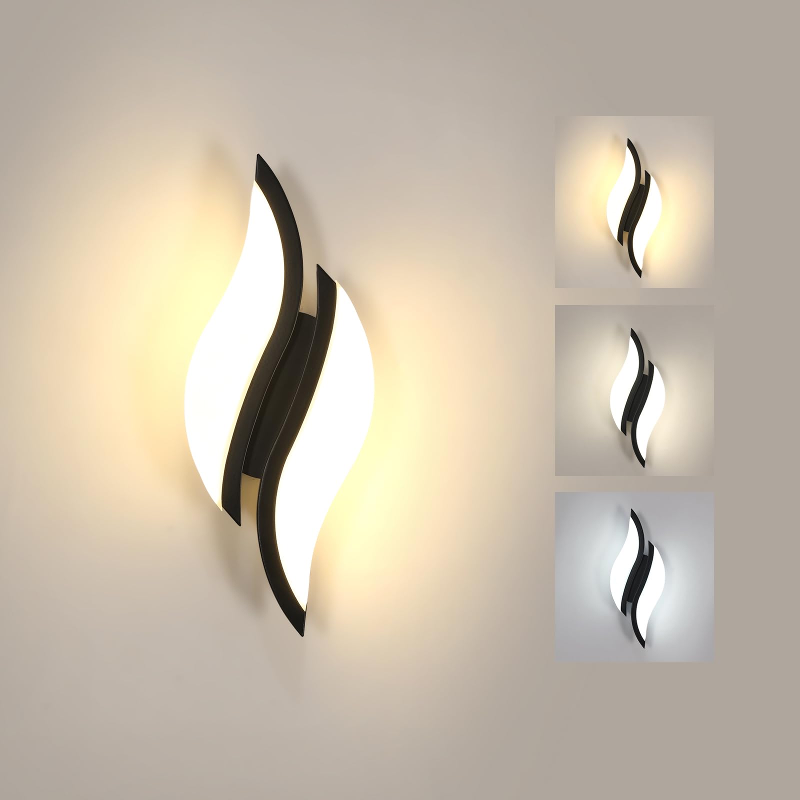 Goeco LED Indoor Wall Light 12 W 1350 LM 3000 K/4500 K/6500 K, Black | Modern LED Wall Lamp 3 Colour Temperatures Acrylic Lampshade for Living Room, Bedroom, Hallway, Staircase, 30 cm