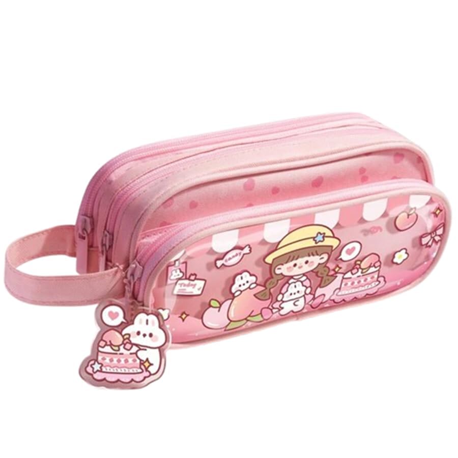 Image of Invite Canvas Large Capacity Transparent Cartoon Print Pencil Case 3 Compartment Cute Aesthetic Pencil Case for Girls Multifunctional Stationery Organizer for School Office (Little Yellow Hat)