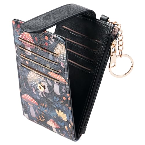 Image of GOIACII RFID Slim Card Holder Wallet with ID Window Thin Bifold Wallet for Womens Zipper Coin Pocket Hedgehog Print