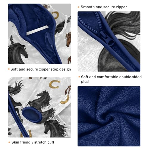 Horse and Horseshoe Pattern Toddler Fleece Jacket Girl Boys Hooded Fleece Jacket Coat Warm Outwear Zip-up 3-10T3