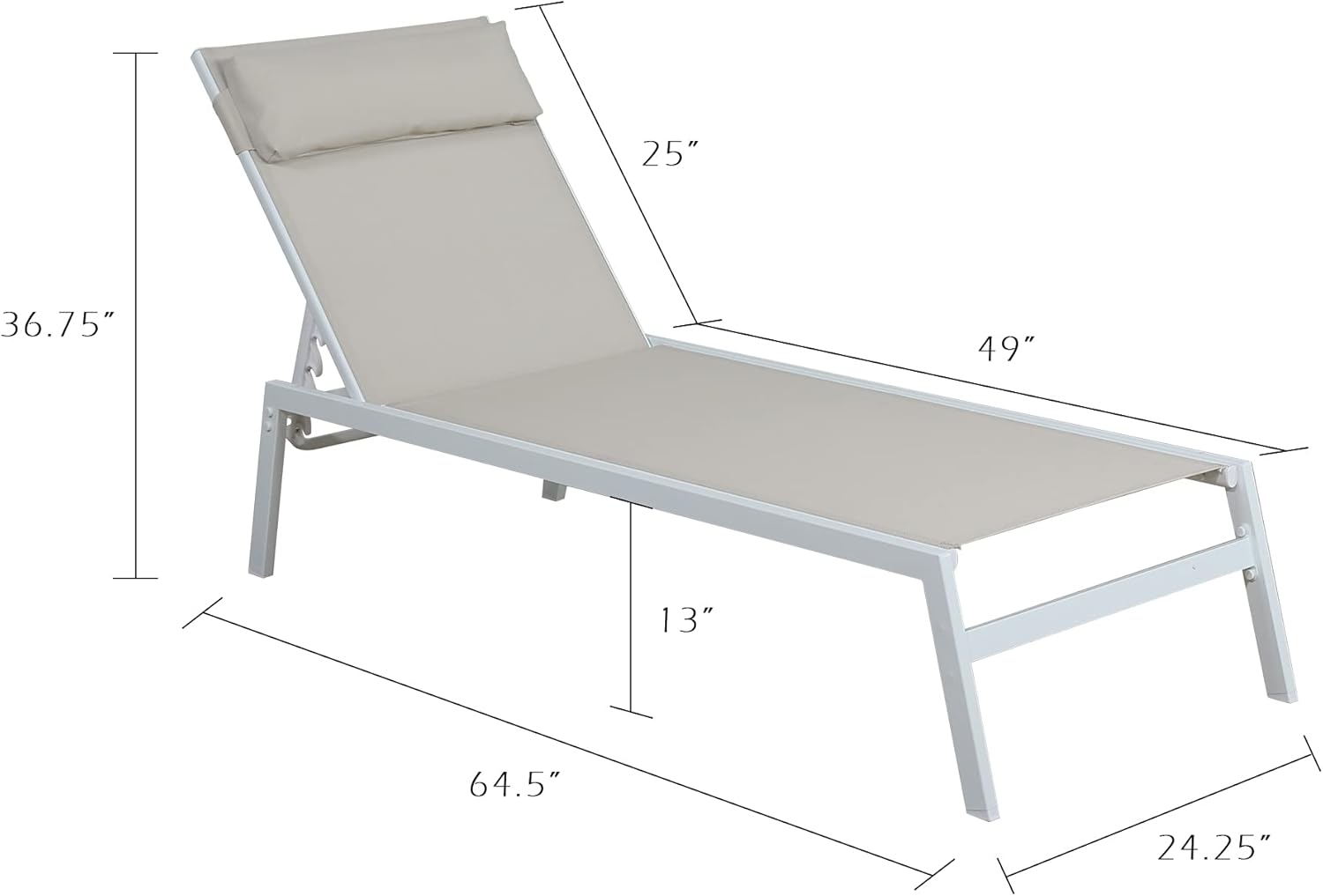 2 PCS Patio Full Flat Chaise Lounges Outdoor Steel Recliner Lounge Chairs with Four-Position Adjustable Backrest, Beige