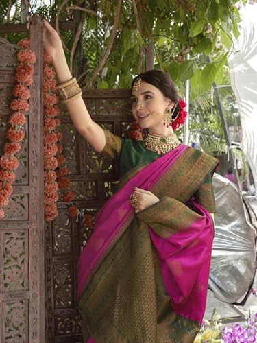 Image of Women's Soft Art Silk Kanjivaram Saree and Unstitched Blouse Piece with Floral Rich Pallu and Jacquard Jari Work On All Over | South Indian Saree