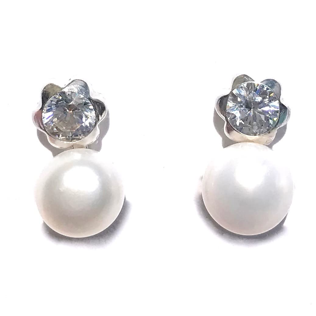 MASBARATA PENDIENTES DE PERLA Y FLOR DE CIRCONITA PLATA DE LEY 925/1000