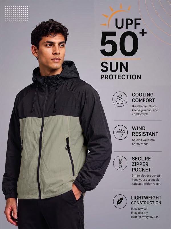 Image of CHKOKKO Sunscreen Jacket For Men With Hood | Advanced Upf 50+ UV Ray Sunblock Sunscreen | Water-repellent Lightweight Nylon Cooling Quick Dry Fabric | Sports Cycling Travel & Dailywear