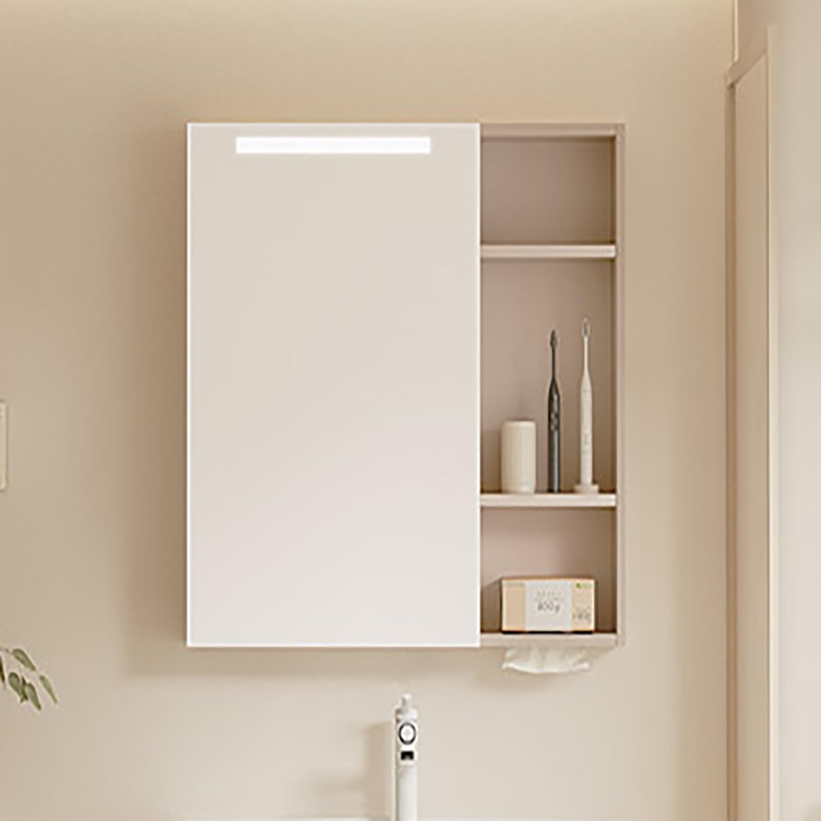 Armario LED con espejo de baño con función antivaho, ahorro de espacio, solución de almacenamiento para baño y lavandería, diseño elegante montado en la pared