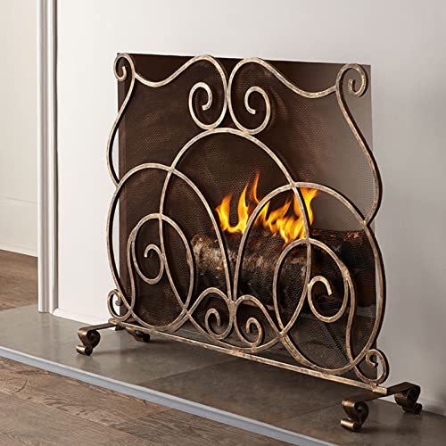 OJKJGY Pantalla de Fuego de Acero Dorado F Screen para Estufa al Aire Libre, Panel de Fuego de un Solo Panel con Malla de Metal Transparente, Protectores de Fuego con volutas