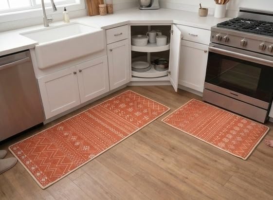 Image of HomeCloud Anti Fatigue Kitchen Rug Printed Thick Anti Slip, Washable, Big Size, Designer Folding Kitchen Mat for Home BedroomStandard Size (41 x 122 cm 41 x 61 cm) (Geomatric Orange)