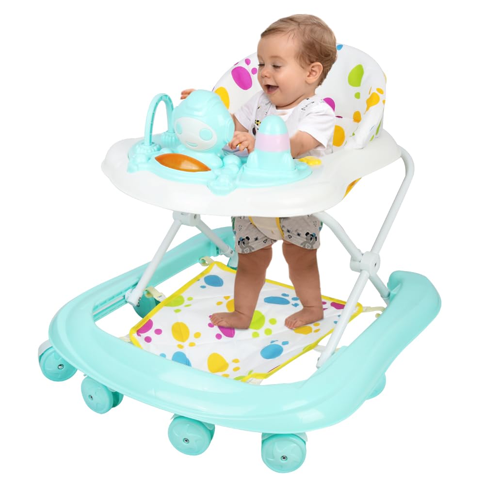Ausilio Didattico per Neonati - Babywalker- vassoio per pasti e vassoio per attività musicali rimovibili, 6 mesi e più, anti-ribaltamento con ruote silenziose a 360°,62 * 68 * 36-81 cm - Verde