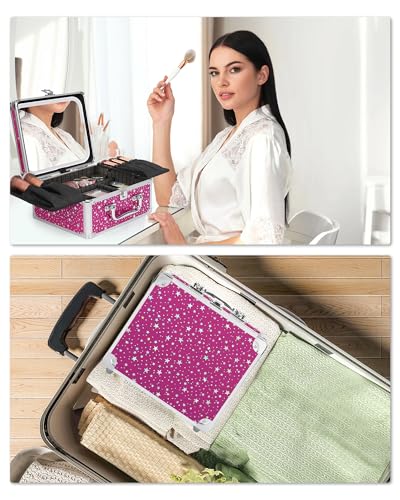 Image of Relavel Makeup Bag with LED Mirror, Makeup Box Travel Train Case with Rechargeable Lighted Mirror, Cosmetic Brush Organizer Storage for Makeup Artists Gifts for Women and Girls, Hot Pink Shining Star