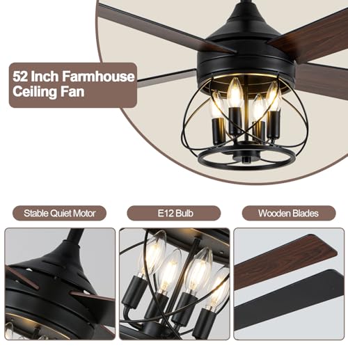 Image of 52 inch Farmhouse Rustic Caged Chandelier Fan with Light