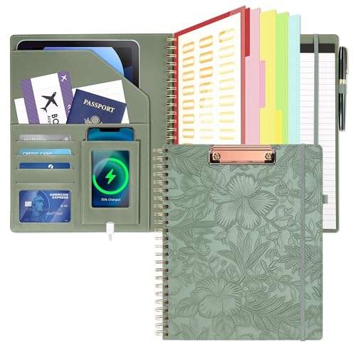 Image of Clipboard with Storage for Men Women, Leather Padfolio Portfolio Organizer 5 Folders with 10 Pockets, Spiral Clipboard Folio with Notepad for Letter Size, Elastic Closure and Pen Loop Green Floral