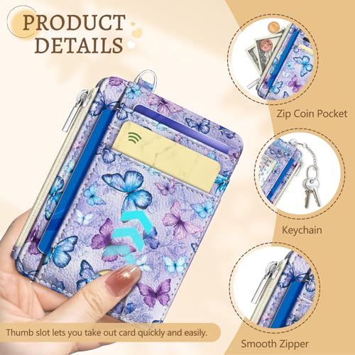 Image of Kelvoris Butterfly Credit Card Holder Slim Wallet Women Small RFID Keychain | Keychain, Zipper Coin Pocket, Front Pocket Thin Travel Card Case, Minimalist, 6 Card Slots, 1 ID Window, Ladies Gifts Woman