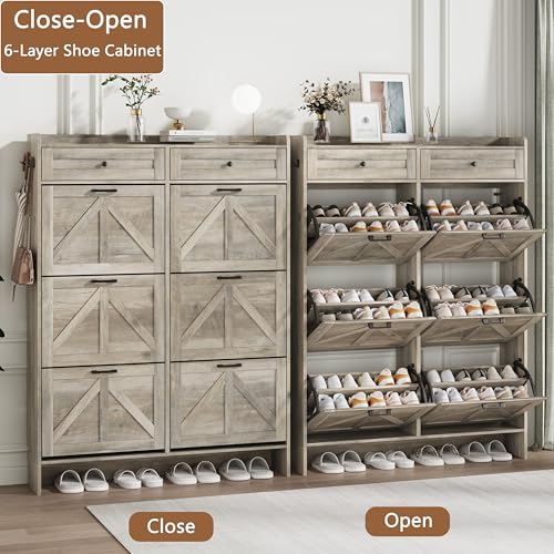 Image of Shoe Cabinet with 6 Flip Drawers & 2 Top Drawers, 57 inch Tall Freestanding Narrow Wooden Shoe Storage Organizer for Entryway, Hidden Slim Shoe Rack for Front Door Entrance, Hallway, Living Room, Grey