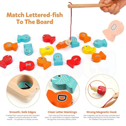 Image of SHINETOY Wooden Magnetic Fishing Game, Fine Motor Skill Toy ABC Alphabet Color Sorting Puzzle, Montessori Letters Cognition Preschool Gift for Years Old Kid Early Learning with 2 Pole