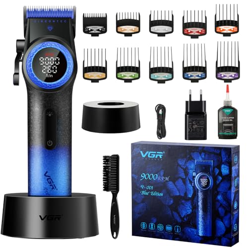 VGR 001 Cortapelos Profesional Hombre Cortadora de Pelo Inalámbrica Peluquería Cortadora de Pelo Cuchilla de Acero al Carbono Cortapelos para Barberos 9000RPM Pantalla LED Azul