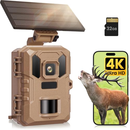 VIDVIS WLAN Wildkamera mit Handyübertragung App, 4K 64MP Wildtierkamera mit Nachtsicht Bewegungsmelder, Solar-Wild Kamera mit 850nm Infrarot-LED, 0,2s Auslösung, 32GB SD-Karte, IP66 Wasserdicht