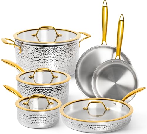 Michelangelo Triply Stainless Steel Pots and Pans Set, 10-Piece Hammered Stainless Steel Cookware Set with Golden Handle, Premium Induction Kitchen Cookware, Oven Safe