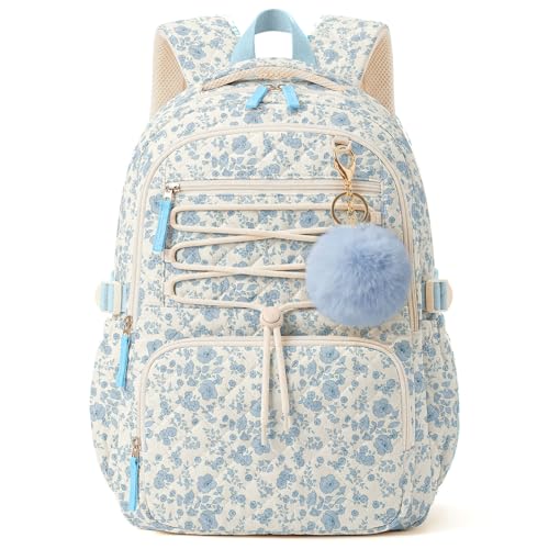 WOBAGMEN Quilted Backpack for Kids Girls Cute School Backpack with Multi-Pocket Lightweight Bookbag Fits 15.6 Laptop Aesthetic Large Capacity Casual Daypacks for School College(Blue Floral M)