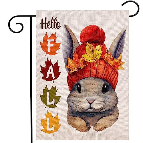 Hello Fall Rabbit Garden Flag 12.5x18 Inch Double Sided, Seasonal Autumn Bunny Maple Leaves Yard Outdoor Decoration