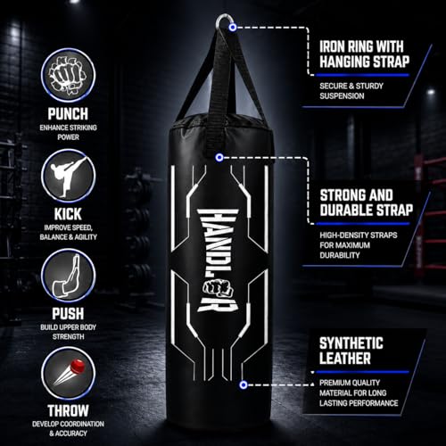Image of Handler Synthetic Leather Unfilled Punching Bag for Boxing, MMA & Home Training - Heavy Duty Hanging Bag for Adults & Kids, Kickboxing, Karate, Taekwondo (3,4,5 ft) (Black, 5 Feet (60 Inches))