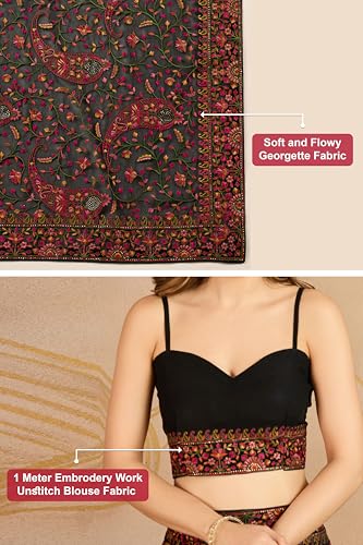 Image of TRENDMALLS Women's Georgette Multi Colour Resham Thread Embroidery with Siroski work Saree with Unstitched Blouse Piece