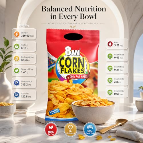 Image of 8AM Corn Flakes 500 Gram (Pack Of 2), 92% Corn, 99% Fat Free, No Cholesterol, Trans Fat, Artificial Additives, Vitamins B1, B2, B3, B6, B9, Iron, Calcium, Crunchy & Nutritious Cereal