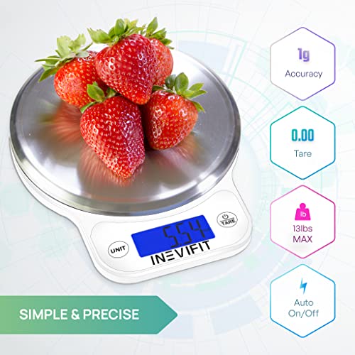 Inevifit Digital Kitchen Scale, Highly Accurate Multifunction Food Scale 13 Lbs 6Kgs Max, Clean Modern White With Premium Stainless Steel Finish. Includes Batteries #TOP1