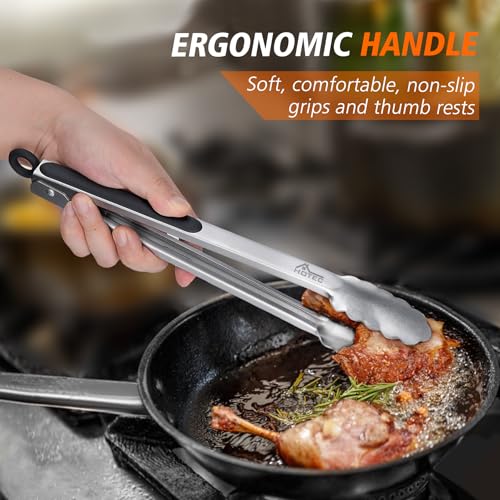 HOTEC Pinze da Cucina in Acciaio INOX,Pinze da Barbecue,Pinza Spaghetti Antiscivolo Manico in Silicone,Sistema di Bloccaggio Intelligente,Set da 2 - immagine 6