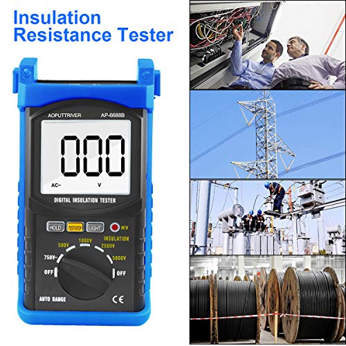 Digital Insulation Resistance Tester, Ap-6688B Auto Range Megohmmeter 1999 Counts Lcd Display 500/1000/2500/5000V Voltage,1Mω~200Gω Resistance Testing With Data Hold Backlit For Motor Cables Switches #TOP5