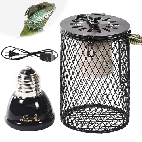 Mineup Reptilien Wärmelampe mit Schutzkorb, E27 100 W Schildkröte Wärmespotlampe, Wärmelampe Schildkröten, Einstellbare Temperatur, Reptilien Heizlampe für Schildkröte, Schlangen, Echsen, Frösche