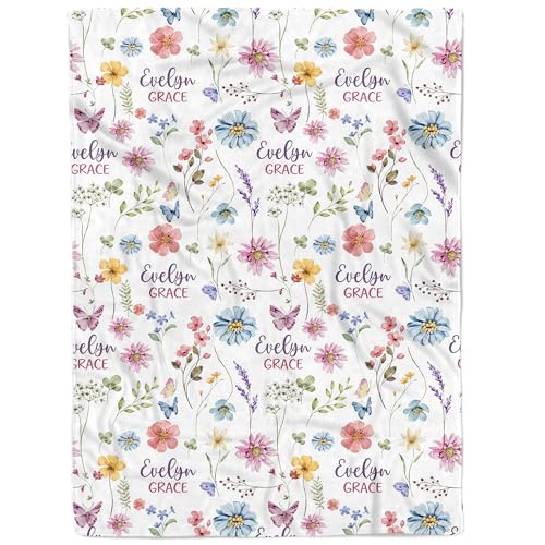 MDPrints Wildflower Custom Baby Blankets for Girls, Personalized Baby Gifts, Customized Newborn Blanket with Name, Minky Plush Fleece (Wildflower TM37)