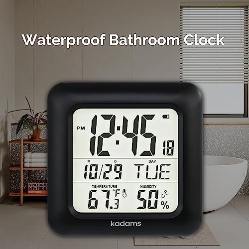 Kadams K0006THB Bathroom Clock Wall With Shatterproof Lcd Screen – Waterproof Shower Clock Water Resistant With Temperature & Humidity Display Calendar In 7 Languages thumb #1