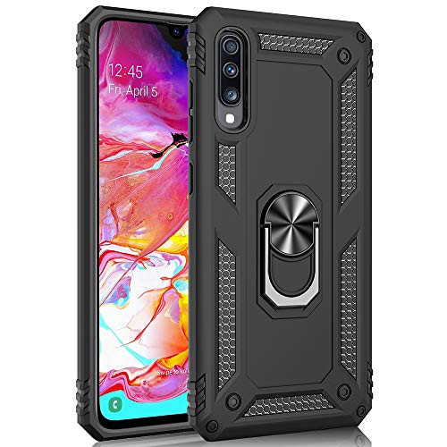 Korecase Compatible with Samsung A70 Case, Extreme Protection Military Armor Dual Layer Protective Cover with 360 Degree Swivel Ring Kickstand Black