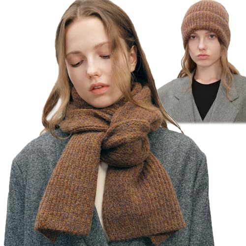 2PCS Women Winter Beanie Hat Scarf Set Knitted Hat Warm Scarf Thickening Knit Scarf Cozy Cold Weather Matching Suit