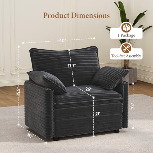 Image of Vesgantti 40 inch Single Seat Sofa, Comfy Cloud Couch Deep Seat Upholstered Couch Corduroy Modern Sofa with Armrest Pillow, Easy Assembly for Living Room, Bedroom and Apartment, Gray