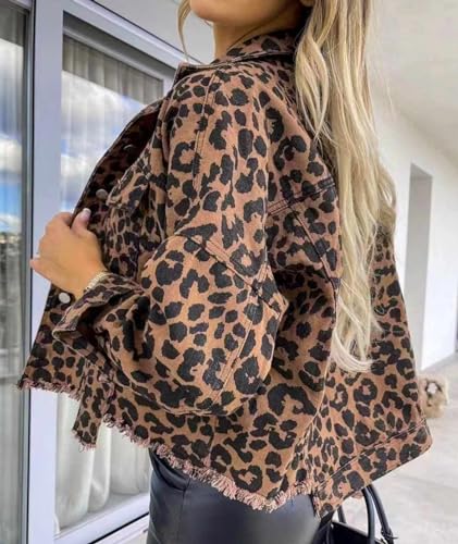 xxxiticat Women's Leopard Print Denim Jacket Long Sleeve Animal Printed Raw Hem Button Down Cropped Jean Coat Outerwear3