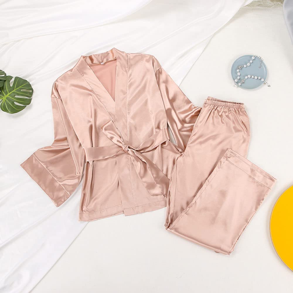 Ensembles De Pyjama Femme,Champagne Cardigan À Lacets À Manches Longues Ensemble De Vêtements De Nuit Femme Pyjama Deux Pièces Personnalité Douce Décontracté Loungewear Festival Cadeau pour S