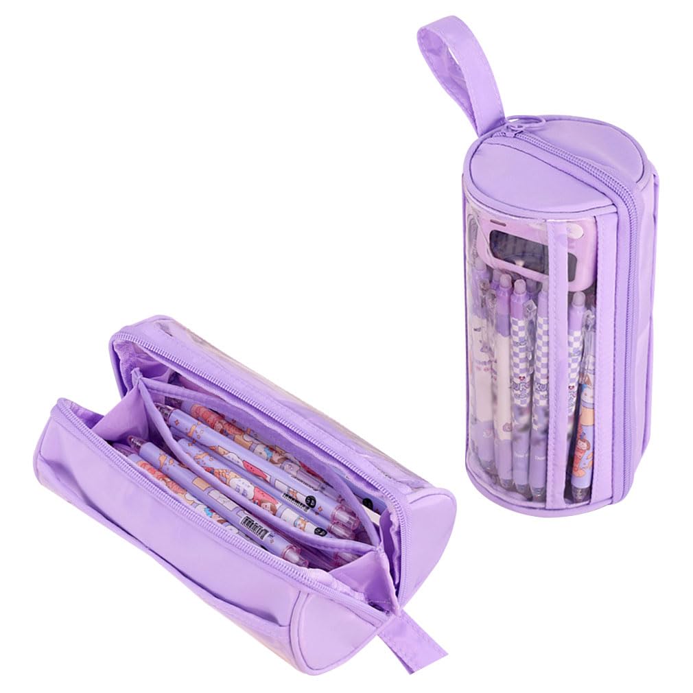 iSuperb Pencil Case Large Pencil Bag Round Pencil Box, Pen Pouch, Makeup Brush Bag for Women Office (Purple)