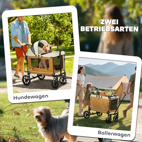 PawHut 2 in 1 Hundewagen Hundebuggy klappbar für Hunde & Katzen bis 30 kg Bollerwagen mit Kissen Netzfenstern 2 Türen Aufbewahrungstasche Katzenwagen Buggy Braun