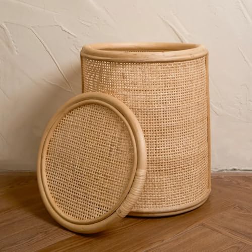 Image of wicker Laundry Basket with Lid| round laundry basket with lid | storage Laundry Hampers(16 inchD, 18 inchH)(Beige)