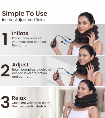 Image of Dimore Inflatable Brace Pillow Cervical Traction Device Adjustable Stretcher,Ideal for Spine Alignment and Chronic Pain Relief. (Brown)