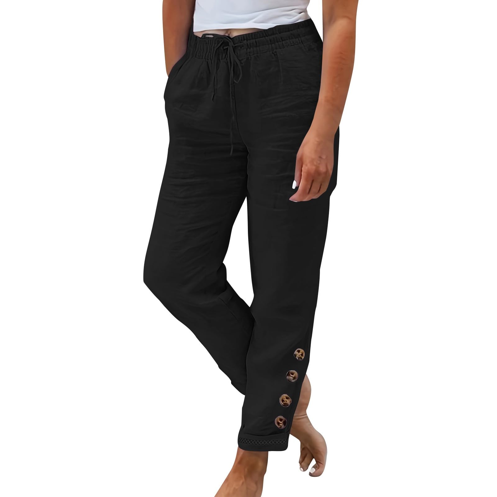 Womens Cotton Linen Cropped Pants 2025 Summer Lounge High Waisted Stretch Capris Drawstring Trousers with Pocket