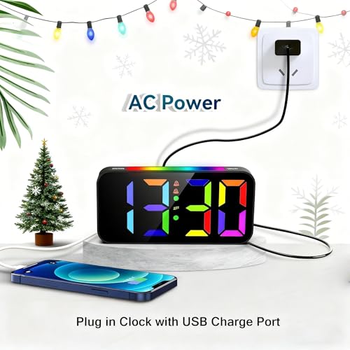 Image of Topski Loud Alarm Clocks for Bedrooms Heavy Sleepers, Plug-in Digital Bedside Clock with RGB Night Light, Large Display, Dual Alarm, Snooze, Dimmable, 3 Volumes, Plastic, Black