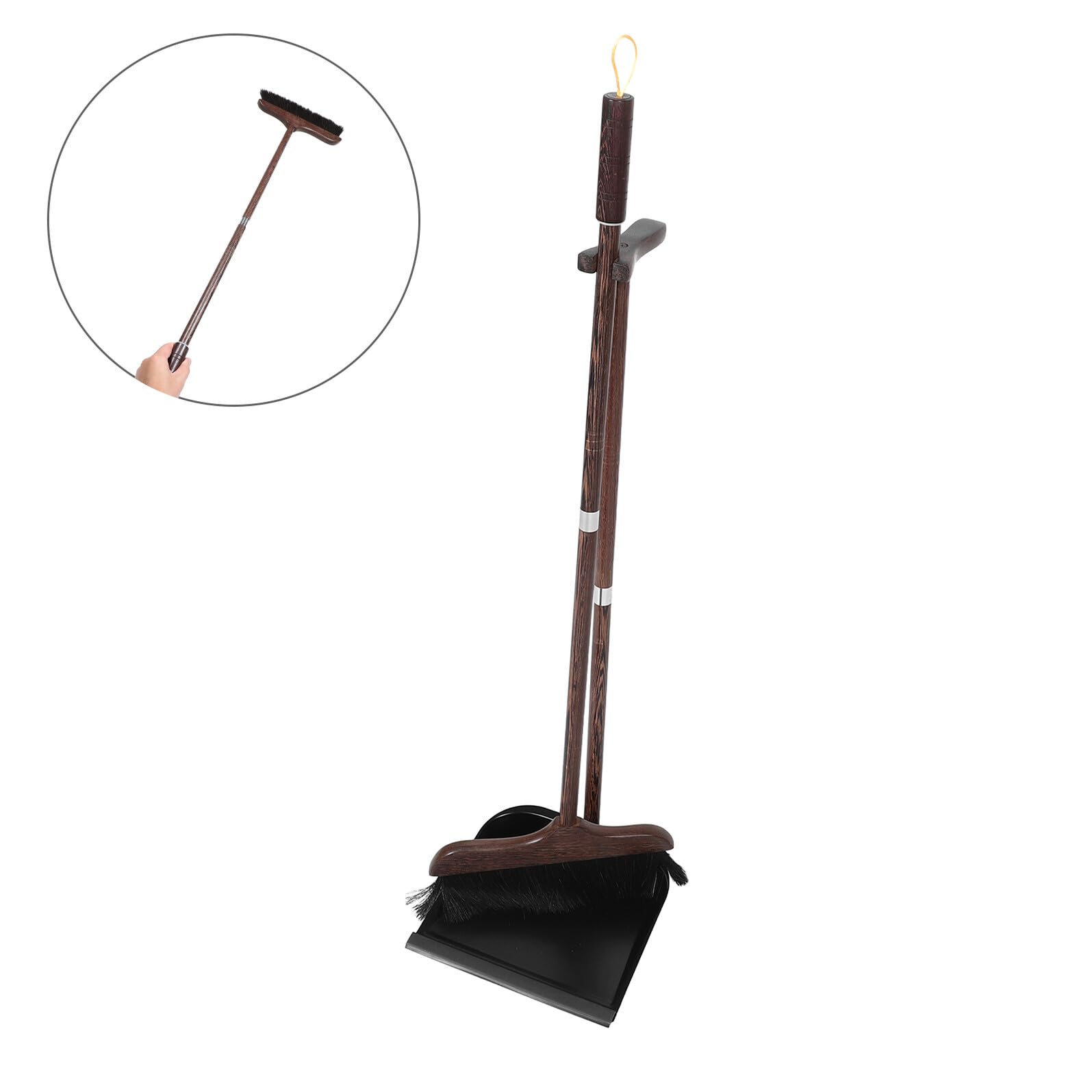 Juego de Escoba y Recogedor con Cerdas de Crin de Caballo Mango de Madera de ala de Pollo Color Madera Natural y Negro Escoba de Mano para Interiores Limpieza en Hogar y